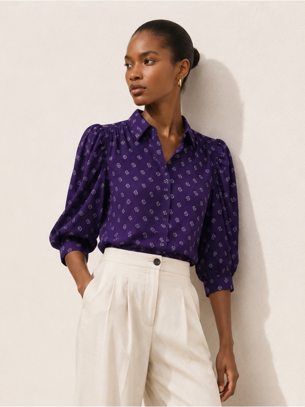 ANN TAYLOR Purple Print Puff Sleeve Button Front Blouse Small